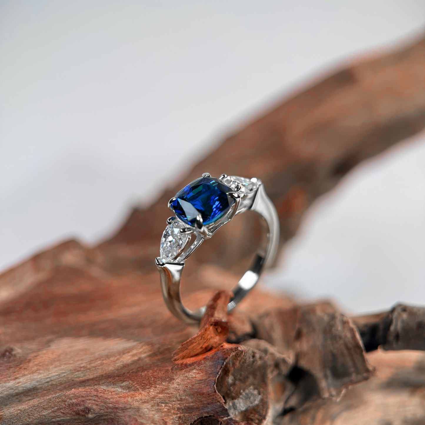 Platinum Trilogy Ring with Lab-Grown Cornflower Sapphire & Moissanites
