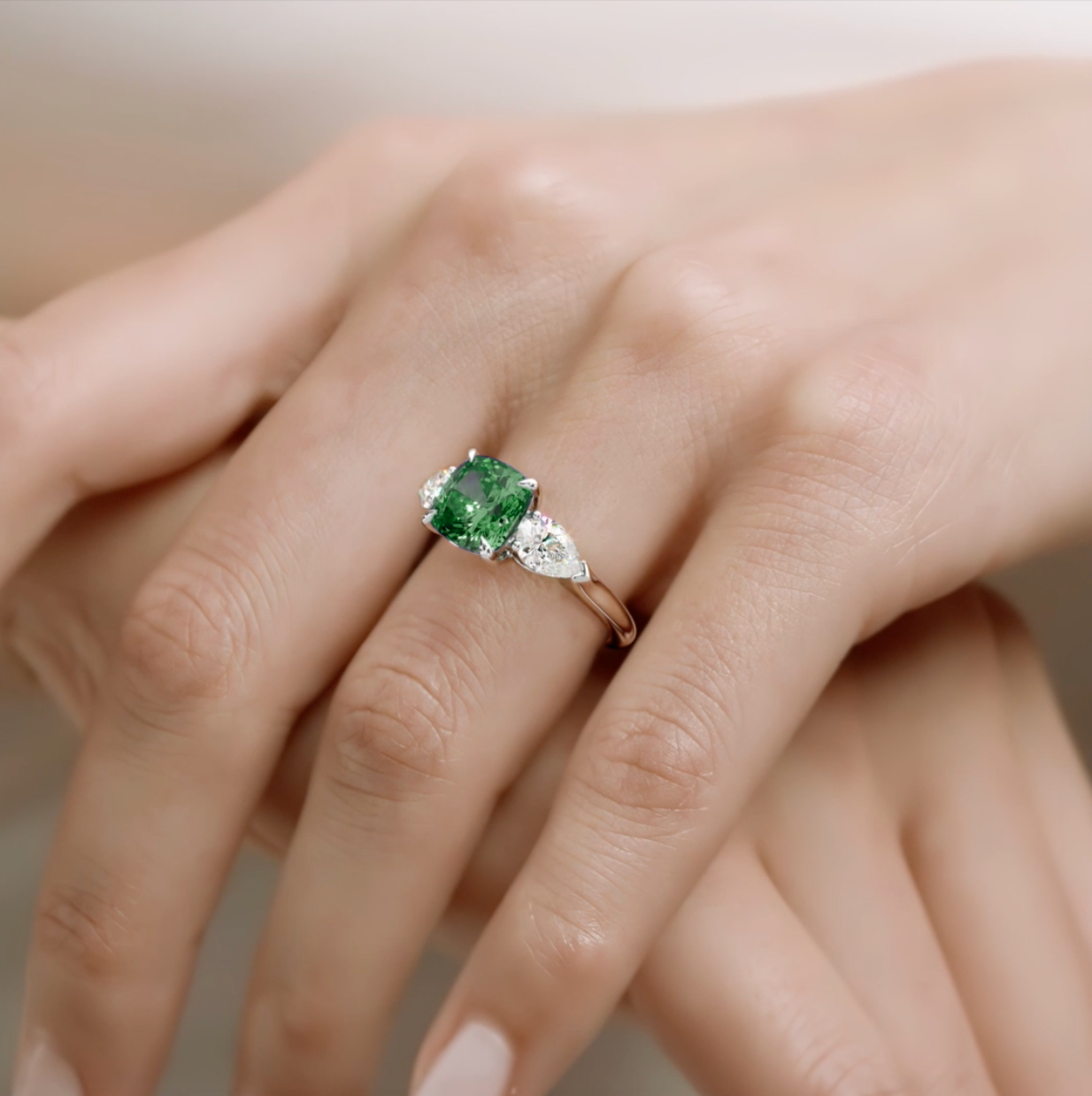 9ct Yellow Gold Trilogy Ring With Lab Grown Emerald & Moissanites