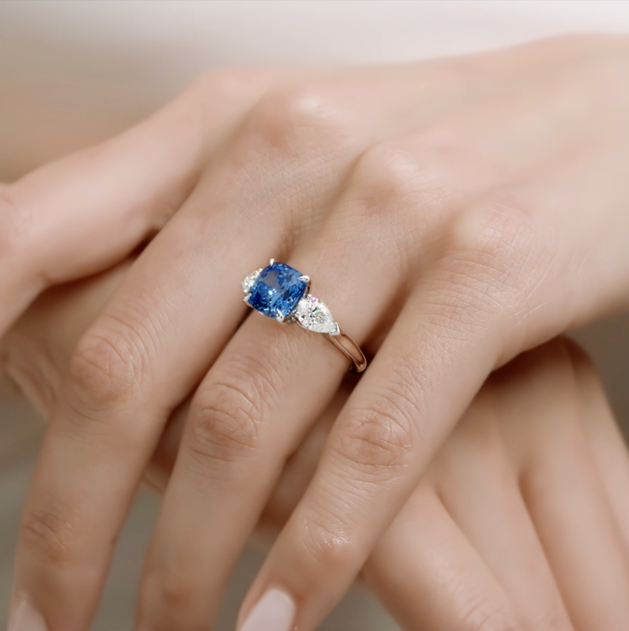 Platinum Trilogy Ring with Lab-Grown Cornflower Sapphire & Moissanites
