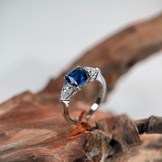Platinum Trilogy Ring with Lab-Grown Cornflower Sapphire & Moissanites