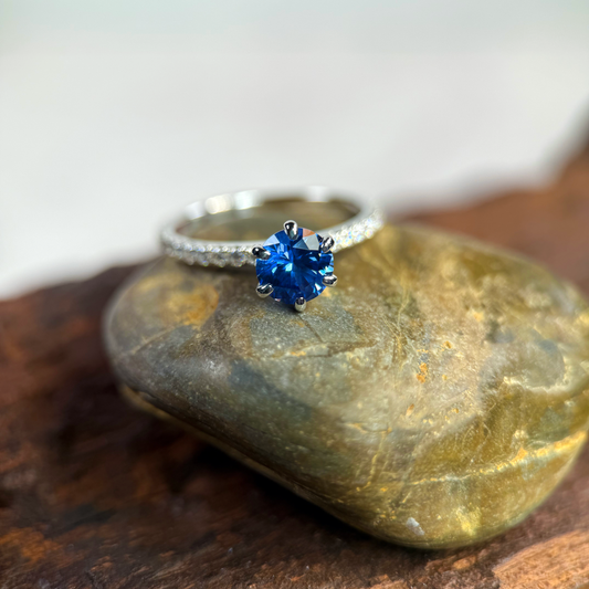 Silver Solitaire Lab Cornflower Blue Sapphire & Moissanites