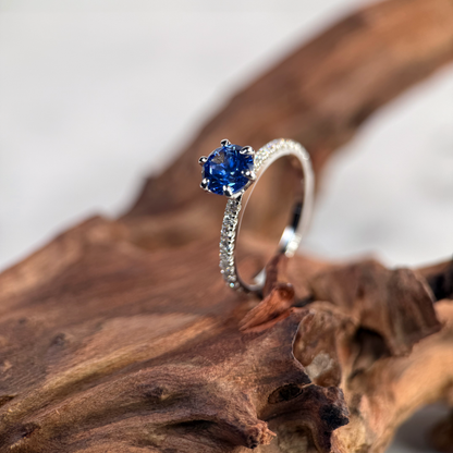 Silver Solitaire Lab Cornflower Blue Sapphire & Moissanites