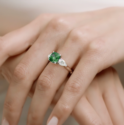 9ct Yellow Gold Trilogy Ring With Lab Grown Emerald & Moissanites