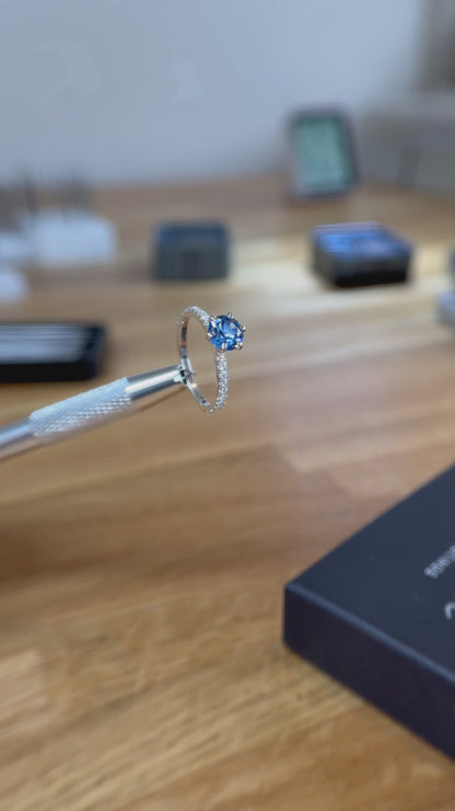Silver Solitaire Lab Cornflower Blue Sapphire & Moissanites
