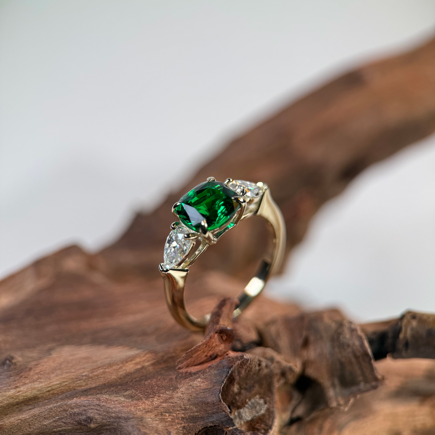 9ct Yellow Gold Trilogy Ring With Lab Grown Emerald & Moissanites