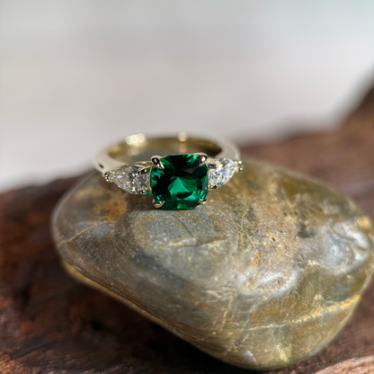 9ct Yellow Gold Trilogy Ring With Lab Grown Emerald & Moissanites