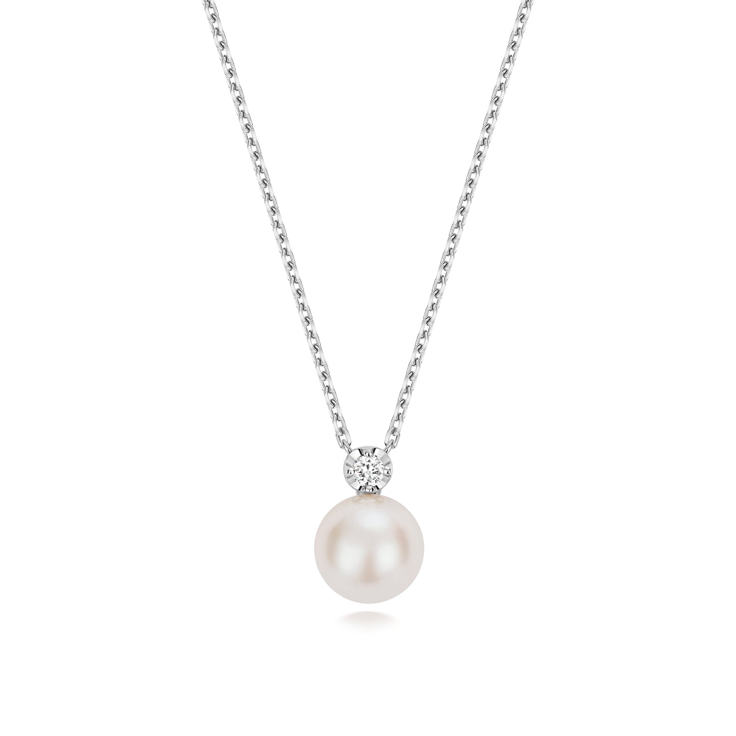 925 Sterling Silver Lab Grown Diamond & Freshwater Pearl 17” Necklet
