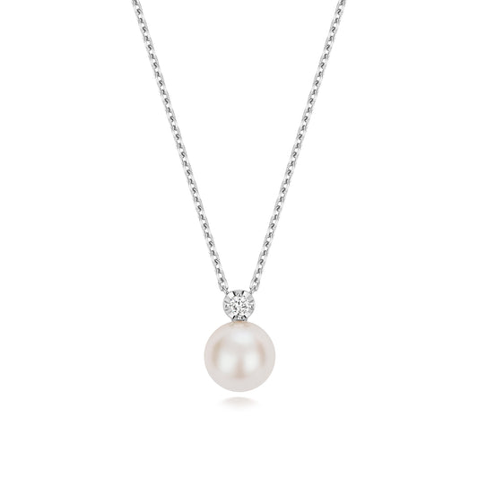 925 Sterling Silver Lab Grown Diamond & Freshwater Pearl 17” Necklet